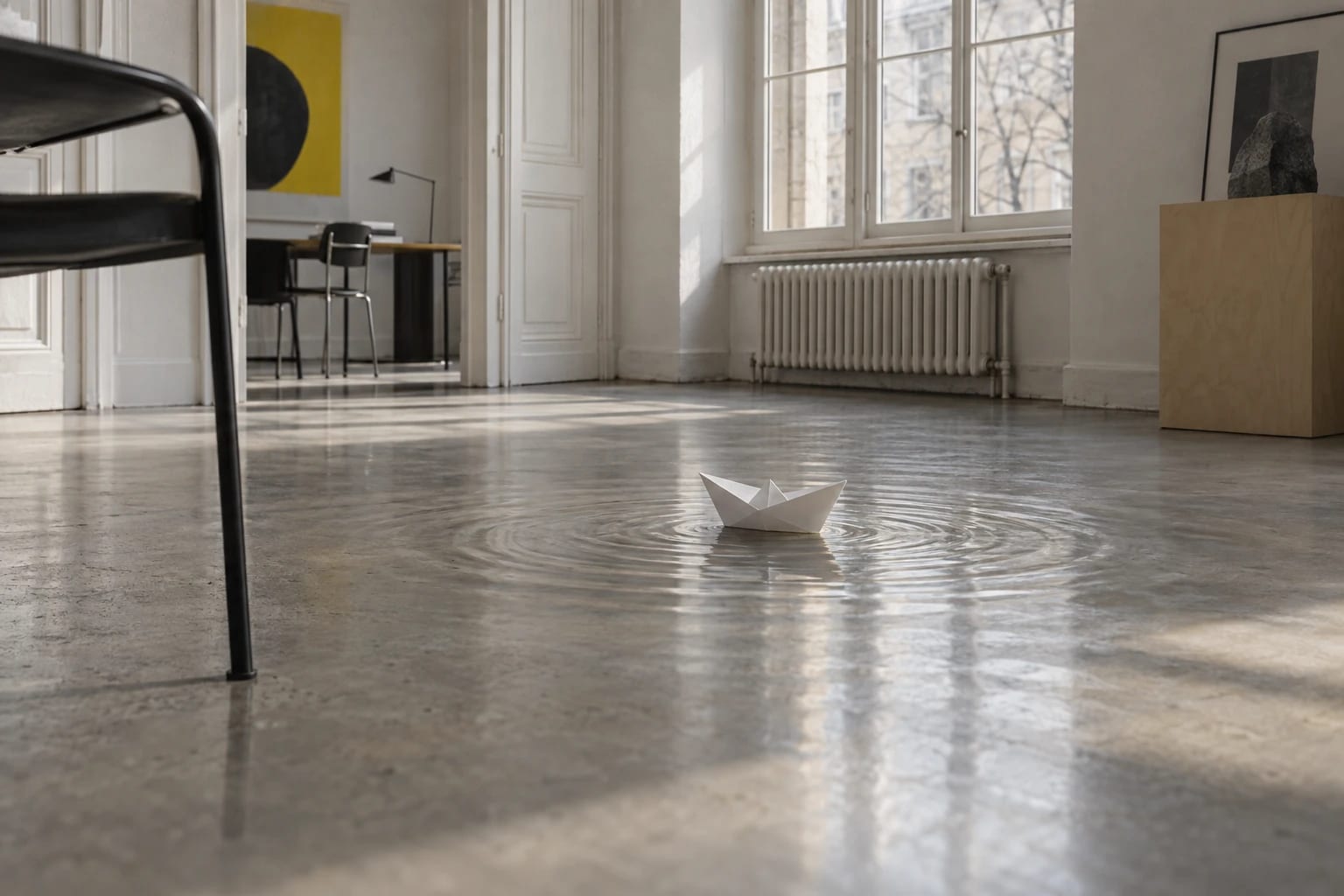 A folded white paper boat on a polished concrete floor in a pool of window light, soft ripples spreading from it across the concrete as if the floor were still water