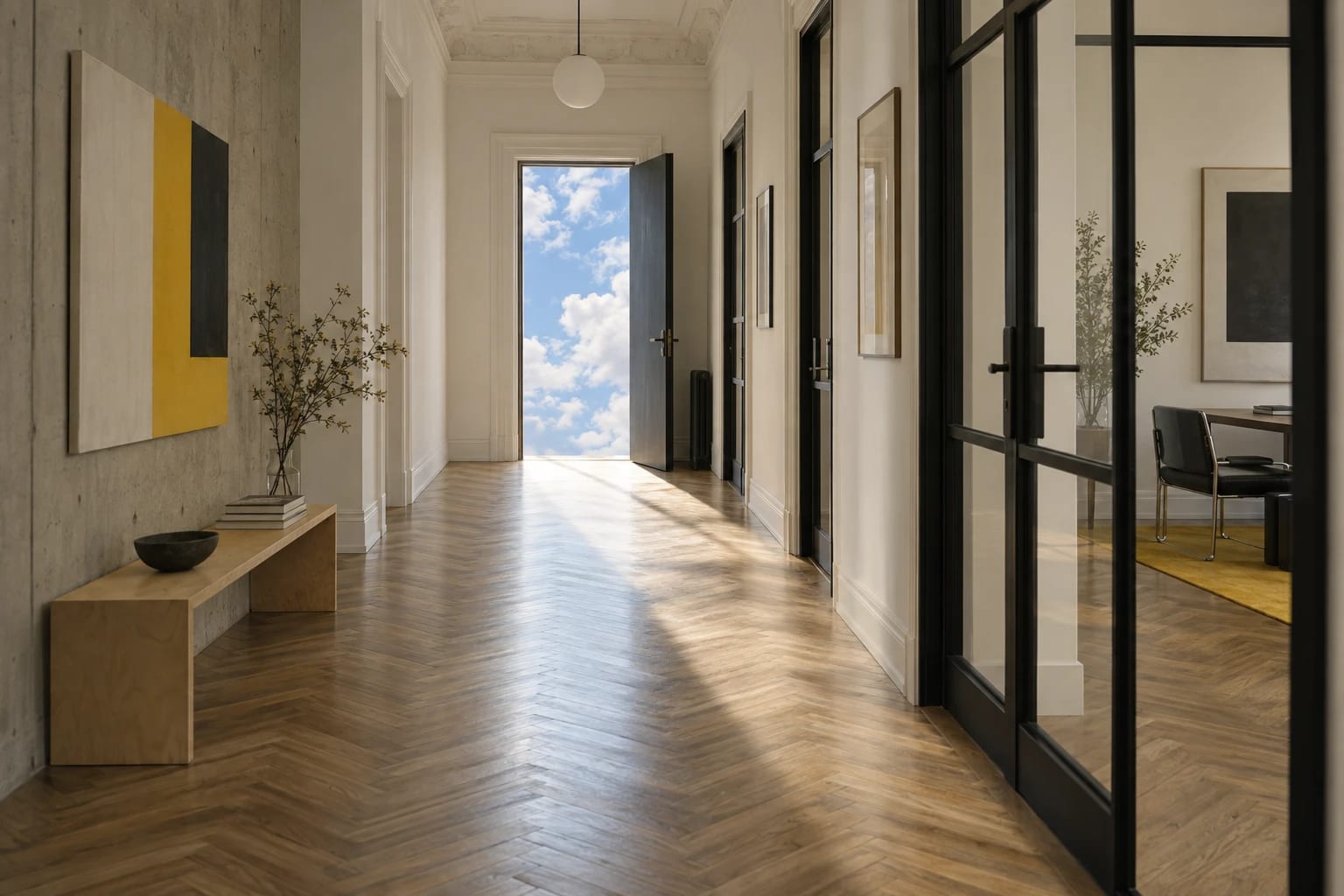 A long white loft hallway with a herringbone floor, the black steel door at its end standing open onto a clear blue sky with slow clouds