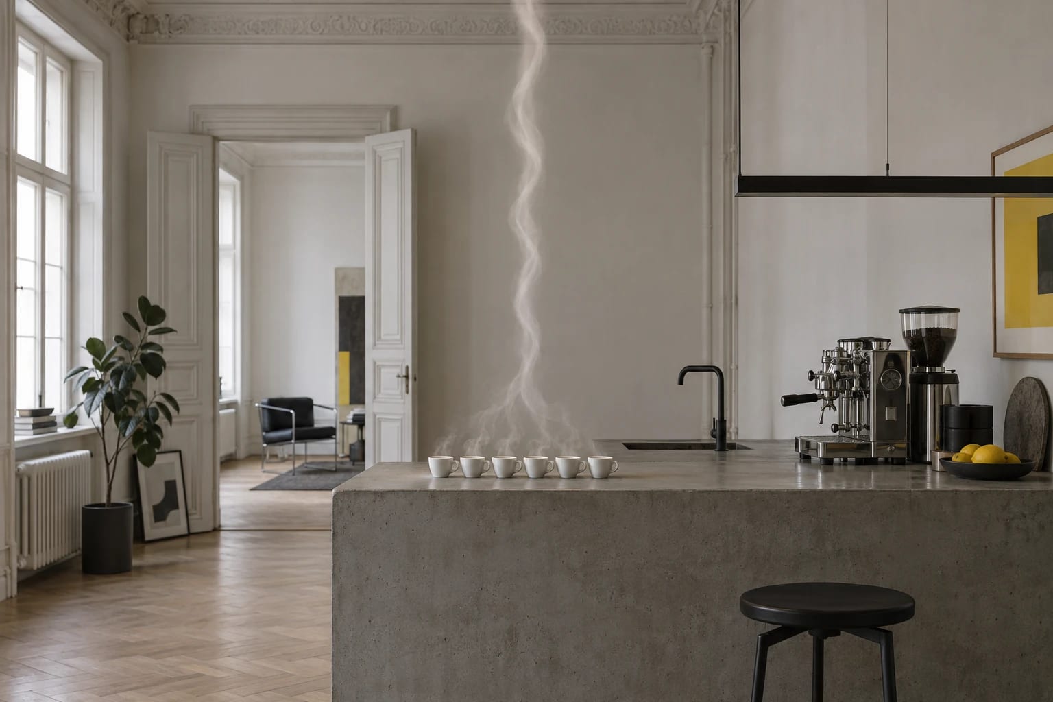Six white espresso cups in a row on a concrete counter, the steam from all six braiding into one neat rope rising straight to the ceiling